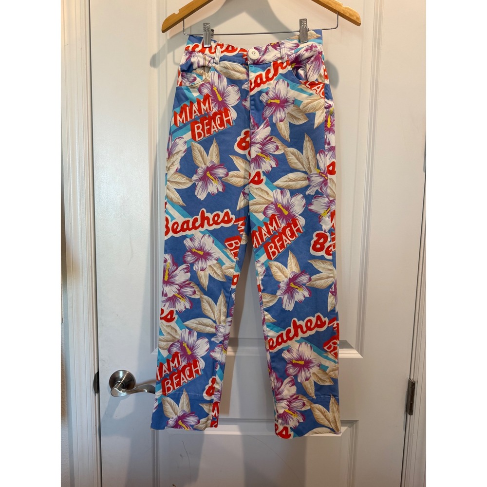 Urban Outfitters Miami Beach Floral Stripe Pants Blue Pink Tropical Size 26